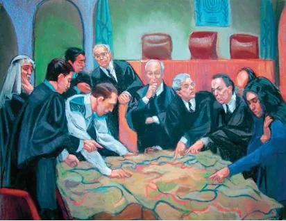 İkinci galeri: Beit Sourik Köy Konseyi - İsrail Hükümeti davası sırasında taraflar modelin etrafında toplanıyor. Çizim: Christine Cornell ve Eyal Weizman, 2008.