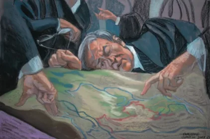 Yargıç Aharon Barak, önerilen ve alternatif güzergâhları inceliyor. Beit Sourik Köy Konseyi - İsrail Hükümeti davası. Çizim: Christine Cornell ve Eyal Weizman, 2008.